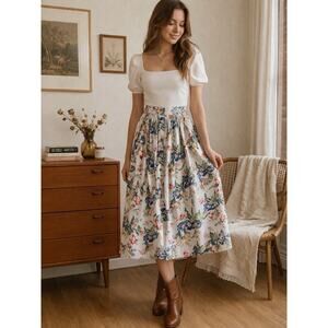 Vtg Jantzen Floral Button-Front Midi Skirt Sz 14 90s Cottagecore Grannycore Blue